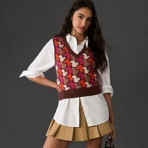 Maeve Vera Jacquard Brown Orange Pink Metallic Gold Sweater Vest - Medium